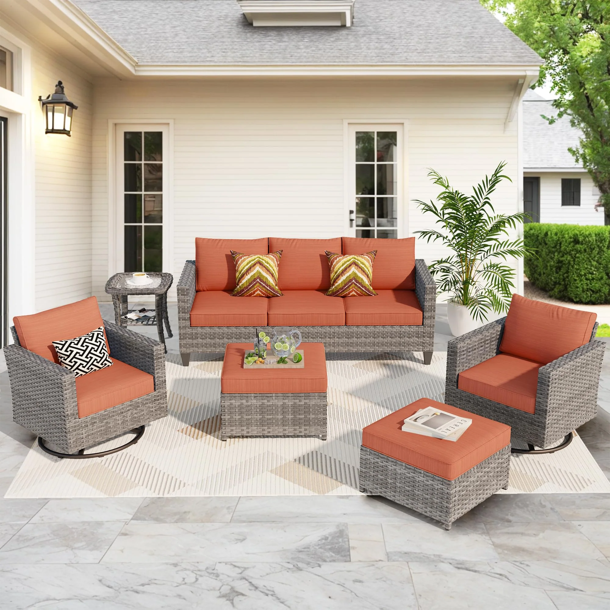 Ovios Patio Furniture Set 6-Piece with Swivel Rocking Chairs and Table