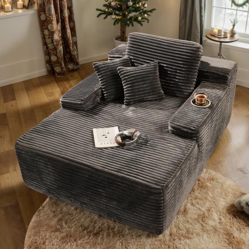 Ovios 49'' Boneless Chaise Lounge, Upholstered Sofa Bed with Throw Pillows and Armrests, Indoor Sleeper Chair- Luxurious Plush Corduroy Chair Bed for Living Room - No Assembly Required
