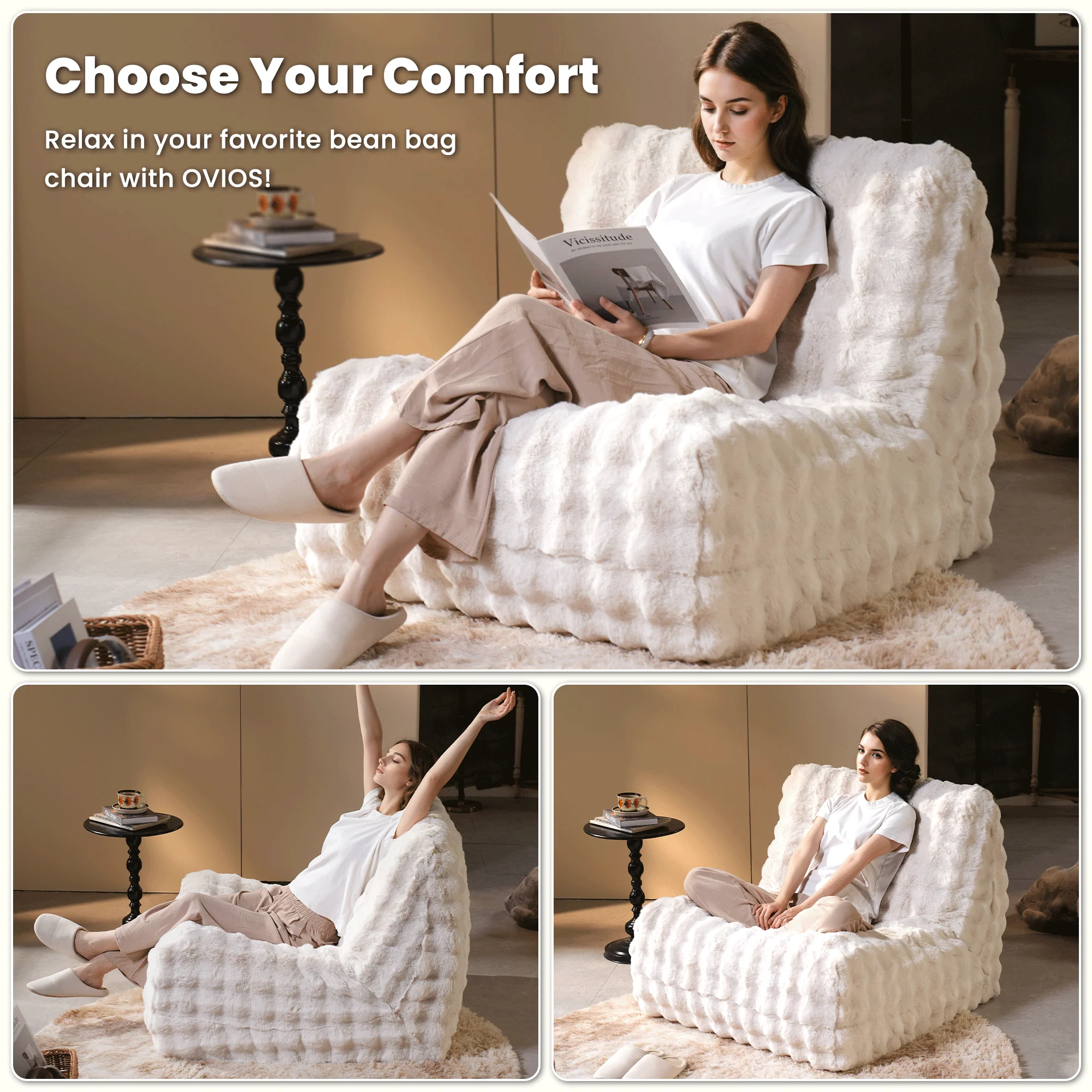 OVIOS Luxurious Fluffy Faux Fur Bean Bag Couch