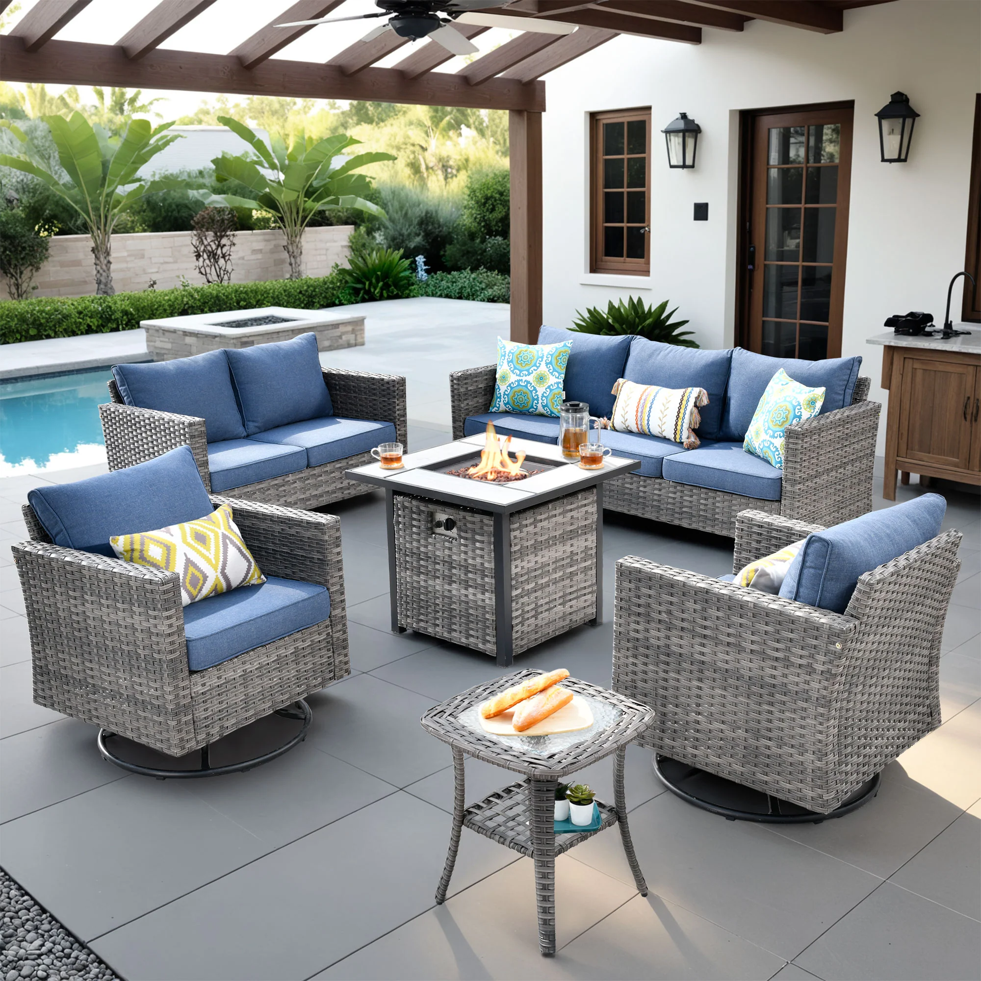 Ovios Patio Vultros 6-Piece Set With Swivel Chair Lover seat and 30'' Propane Fire Pit Table