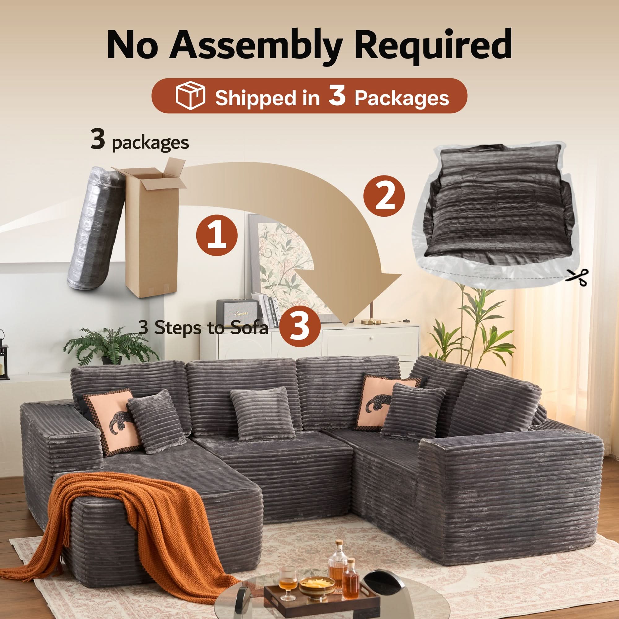 Ovios U-Shaped Cloud Sectional Sofa with Chaise - Plush Corduroy, Memory Foam & No Assembly