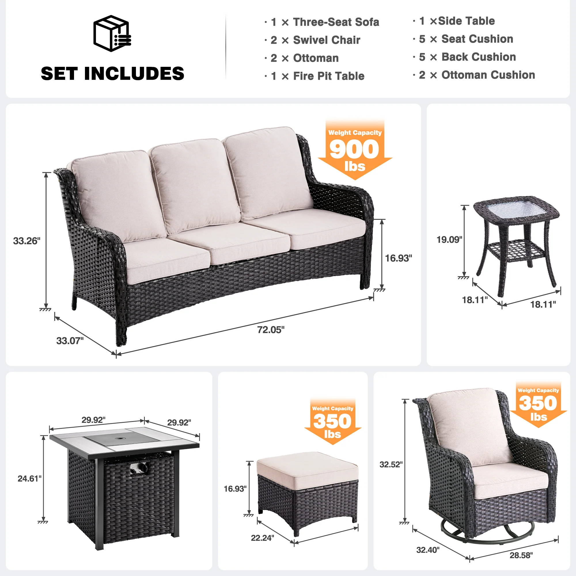 Ovios Outdoor Furniture 7-Piece with 30'' Fire Pit Table and Kenard 2 Rocking Chairs