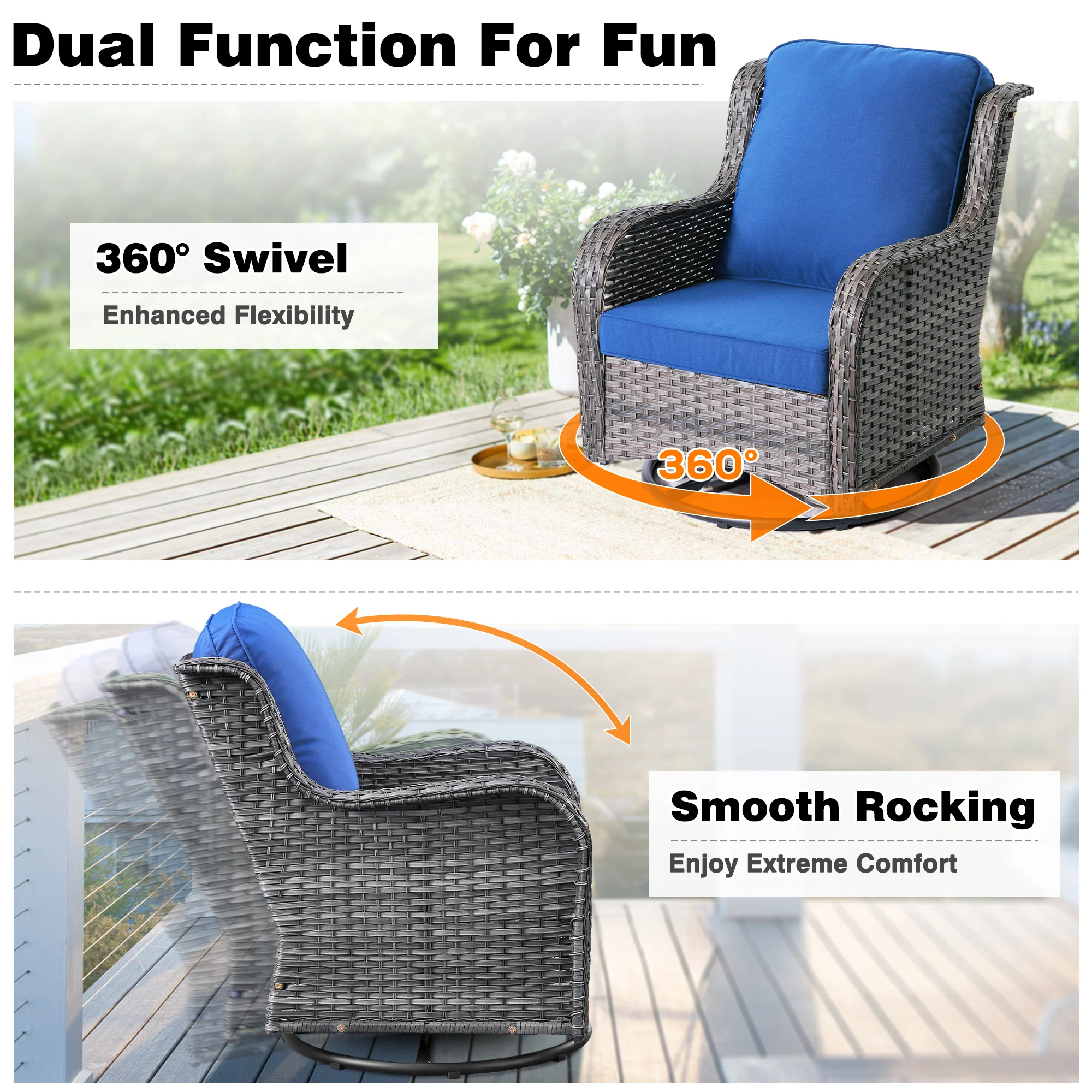 Ovios Patio Furniture Set 3-Piece with Swivel Chairs and Side Table Kenard