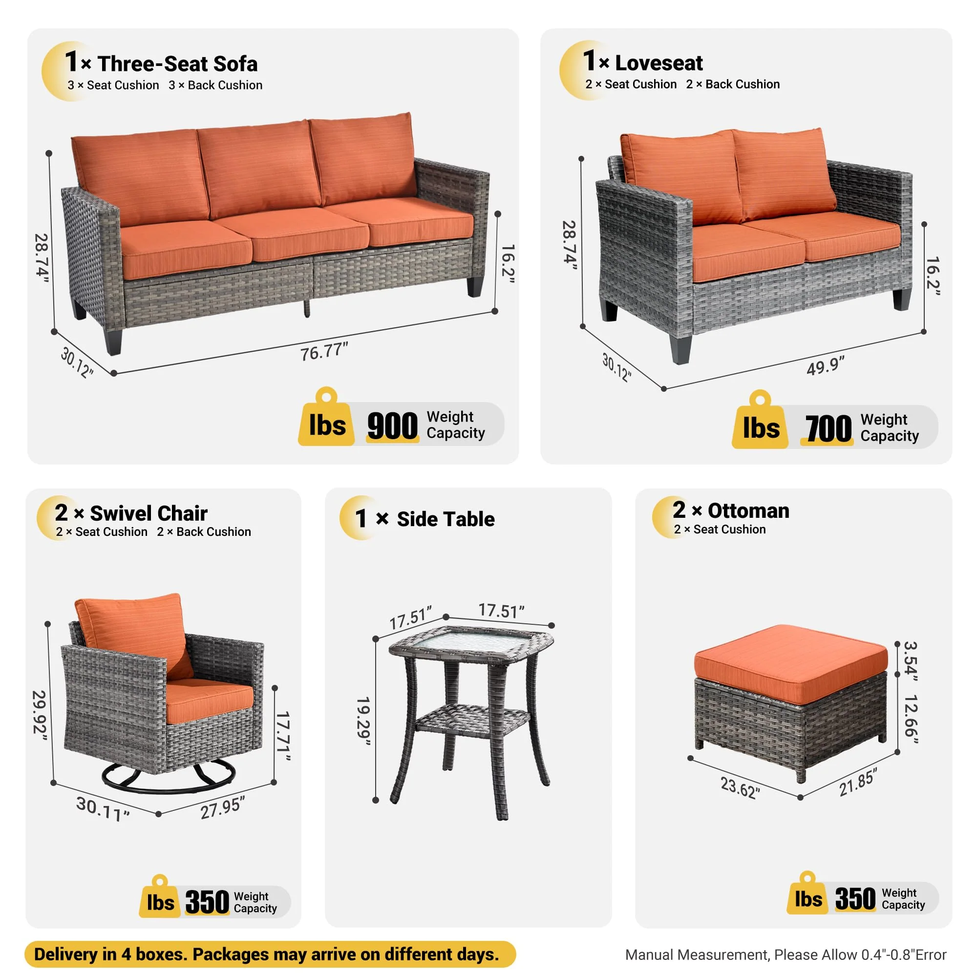 Ovios 7 Pieces Patio Furniture Set, Outdoor Wicker Sofa with Rocking Swivel Chairs