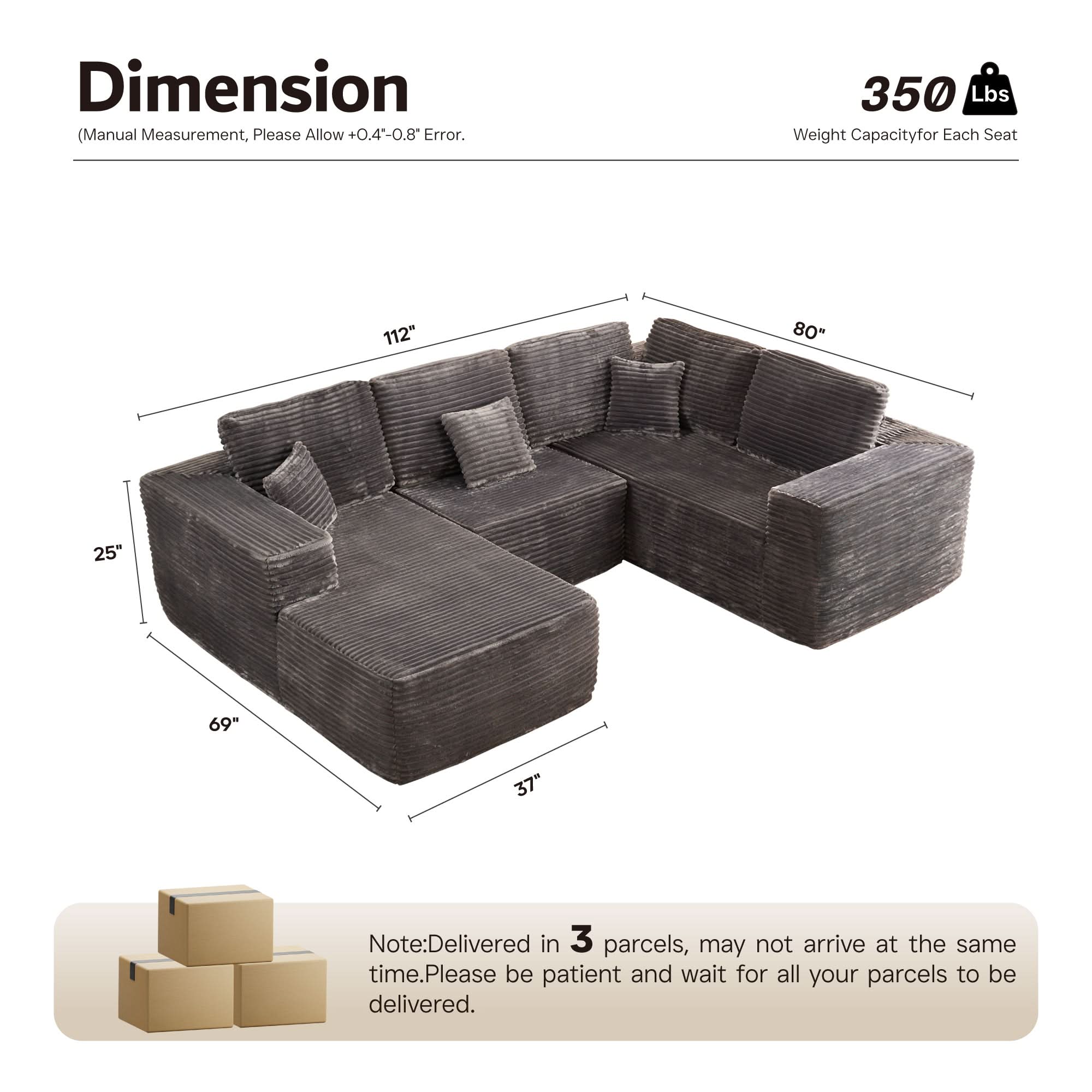 Ovios U-Shaped Cloud Sectional Sofa with Chaise - Plush Corduroy, Memory Foam & No Assembly