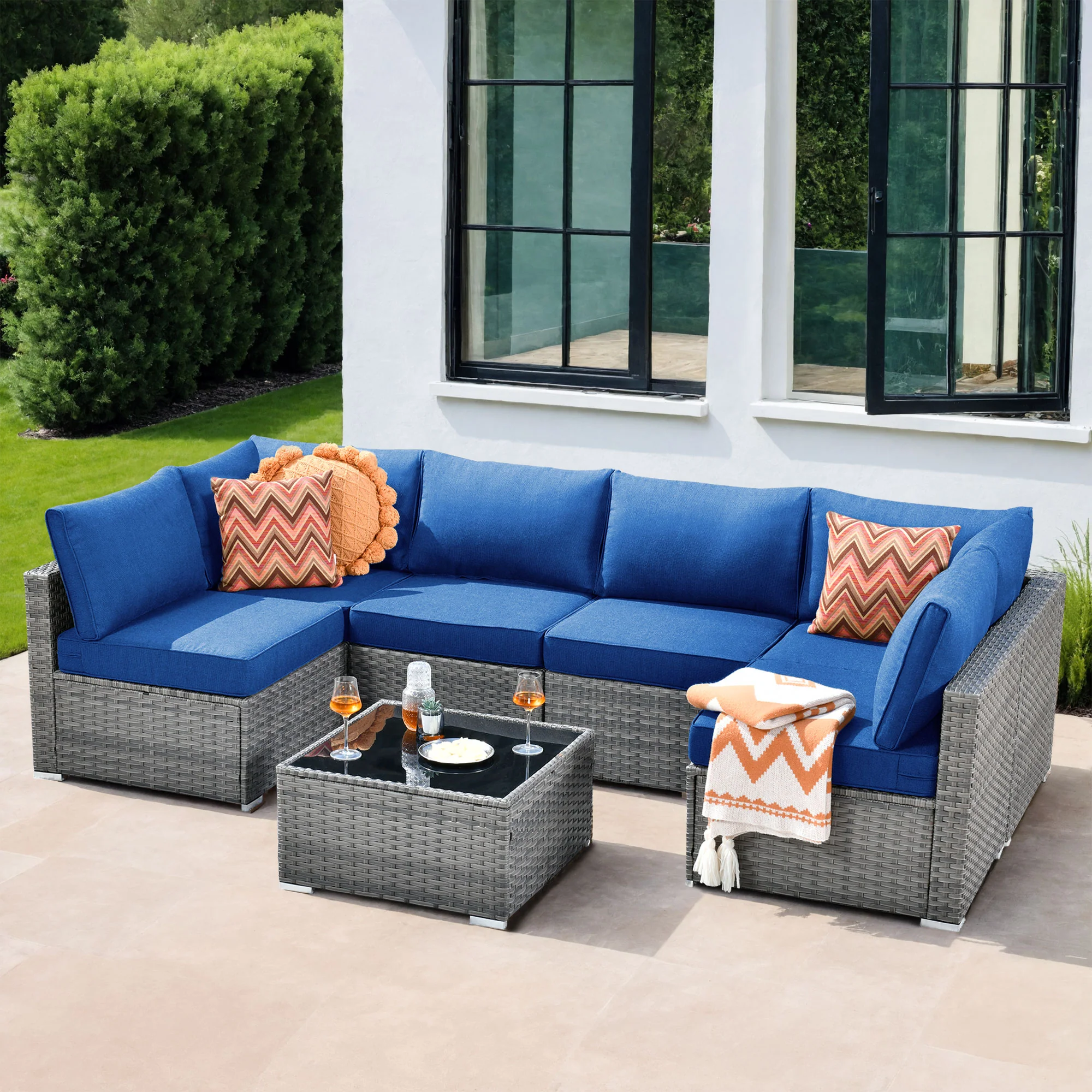 Ovios Outdoor Sectional Furniture 7-Piece with Cushions and Table