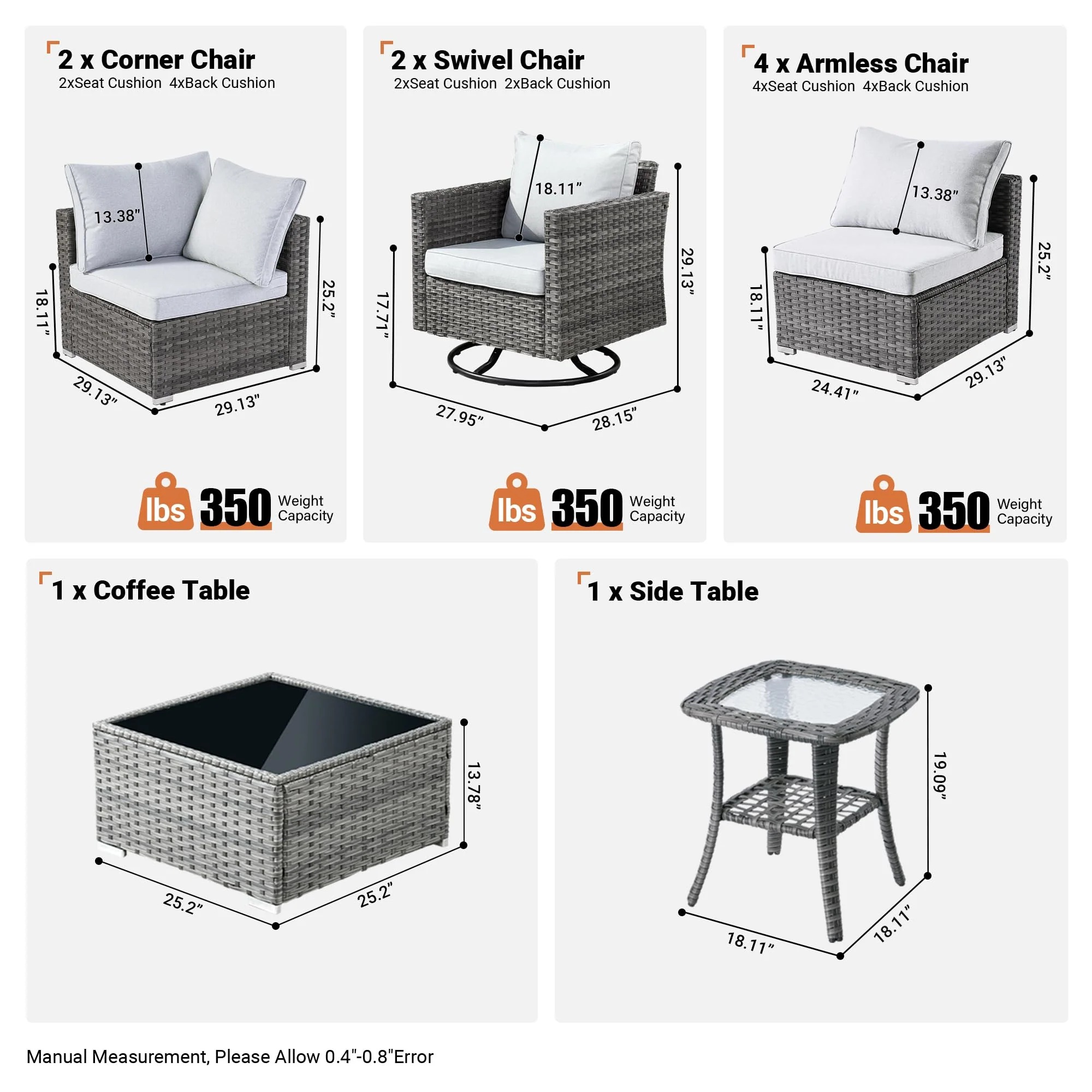 Ovios Outdoor 9 Piece Coversation Set with Swivel Rocking Chair,Sectional Patio Furniture Set with All-Weather Wicker Sofa