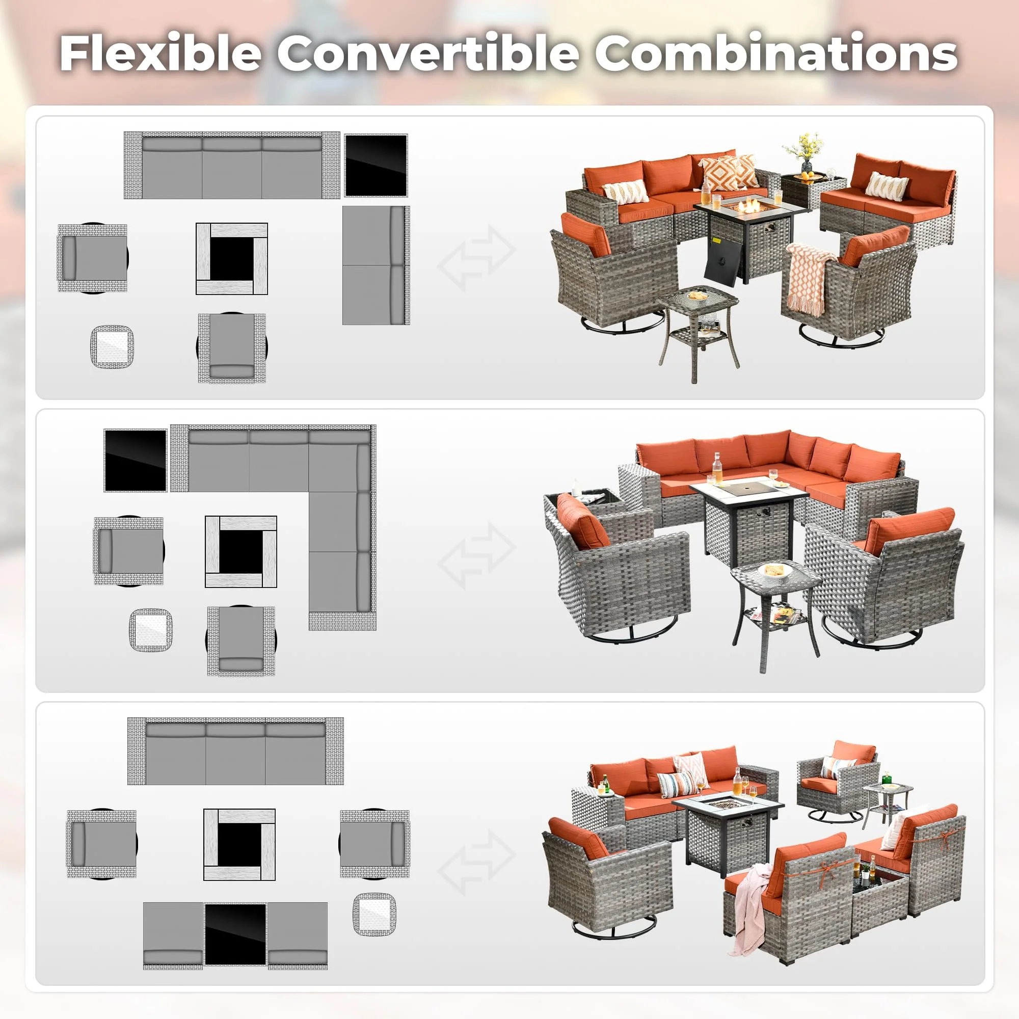 Ovios 10 Pieces Patio Furniture with 7.68'' Handrails and 30'' Fire Pit Table Rocking Chair