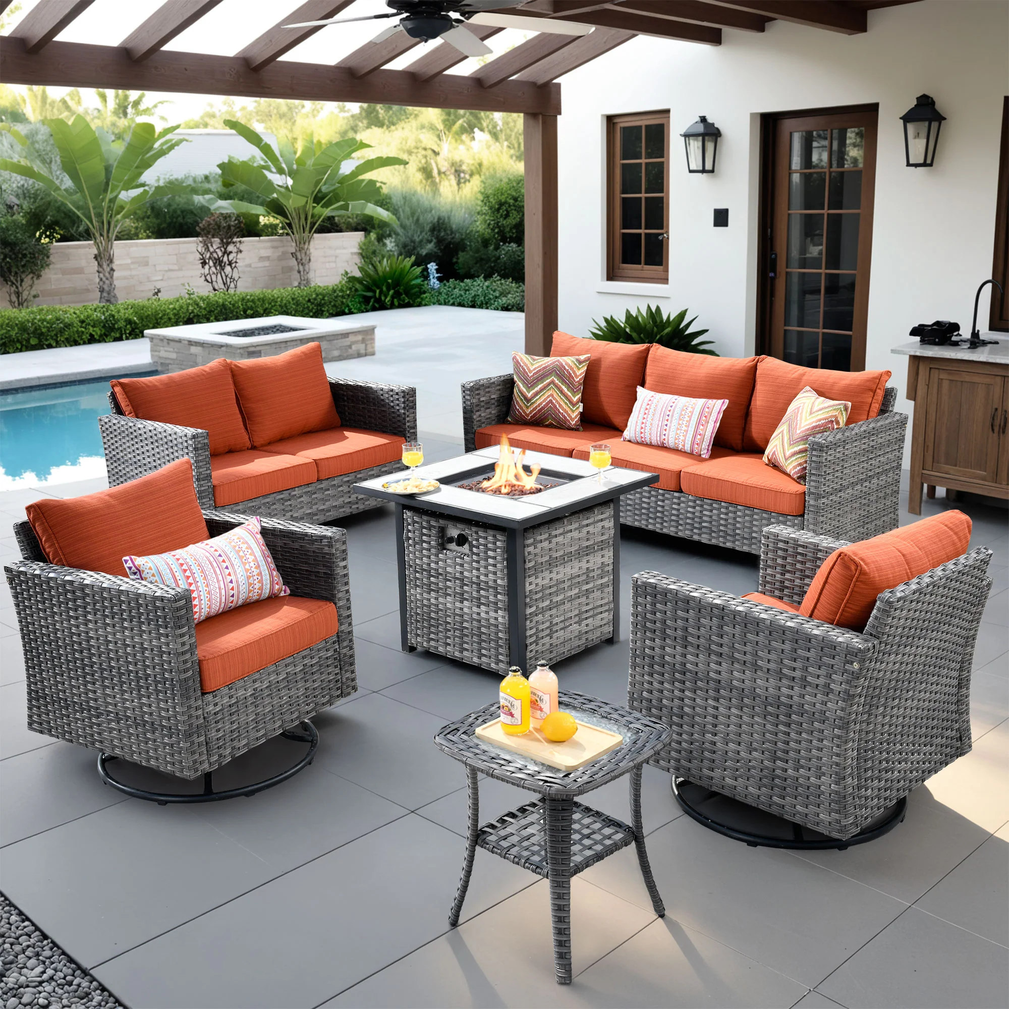 Ovios Patio Vultros 6-Piece Set With Swivel Chair Lover seat and 30'' Propane Fire Pit Table
