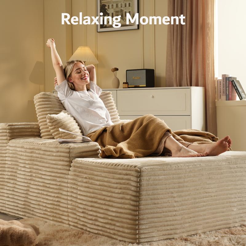 Ovios 49'' Boneless Chaise Lounge, Upholstered Sofa Bed with Throw Pillows and Armrests, Indoor Sleeper Chair- Luxurious Plush Corduroy Chair Bed for Living Room - No Assembly Required