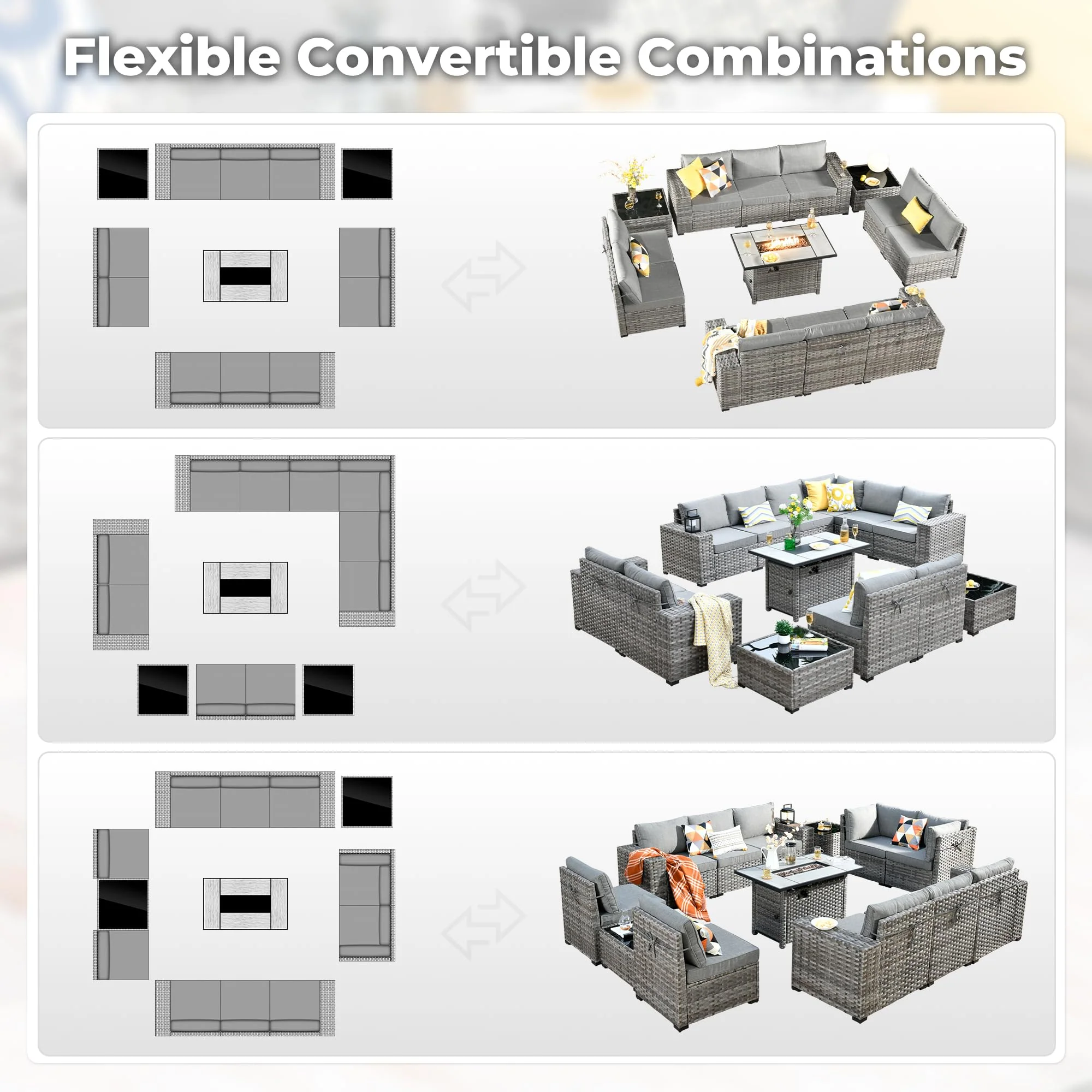 Ovios 13 Pieces Outdoor Furniture with 7.68'' Broad Handrails and Rectangle 42.12'' Fire Pit Table