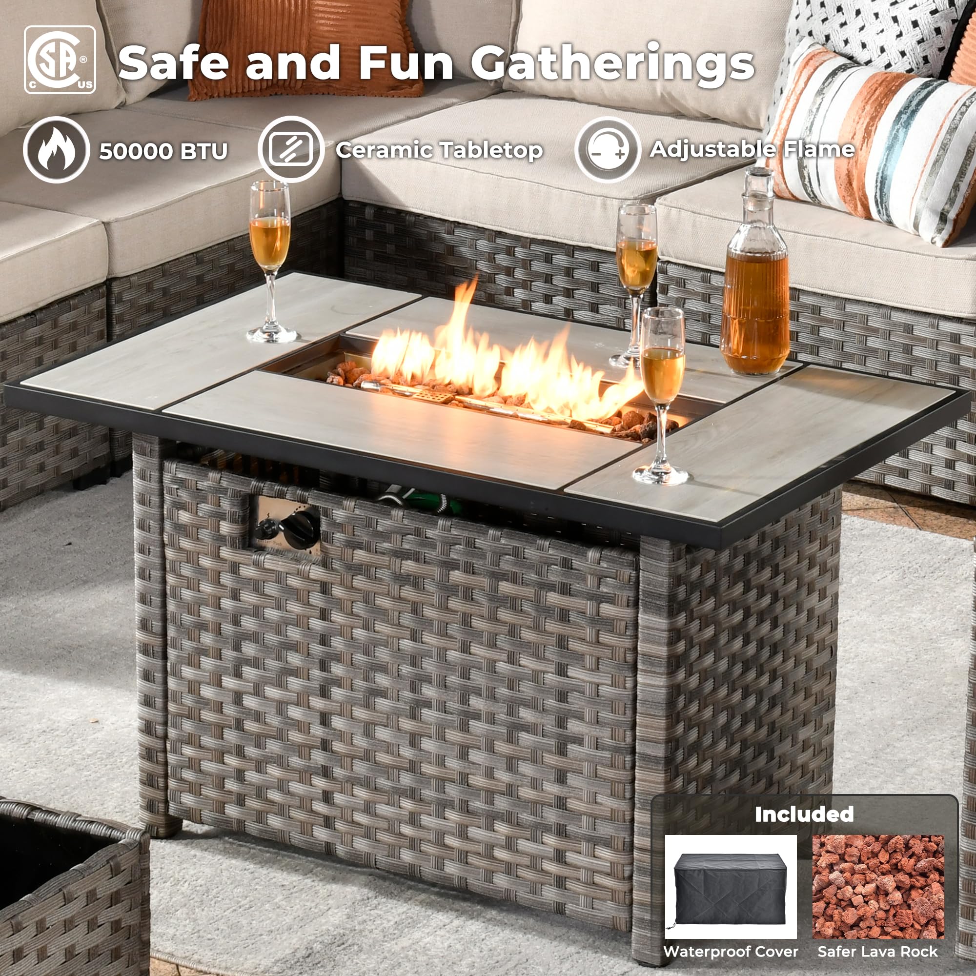 Ovios 13 Pieces Outdoor Furniture with 7.68'' Broad Handrails and Rectangle 42.12'' Fire Pit Table