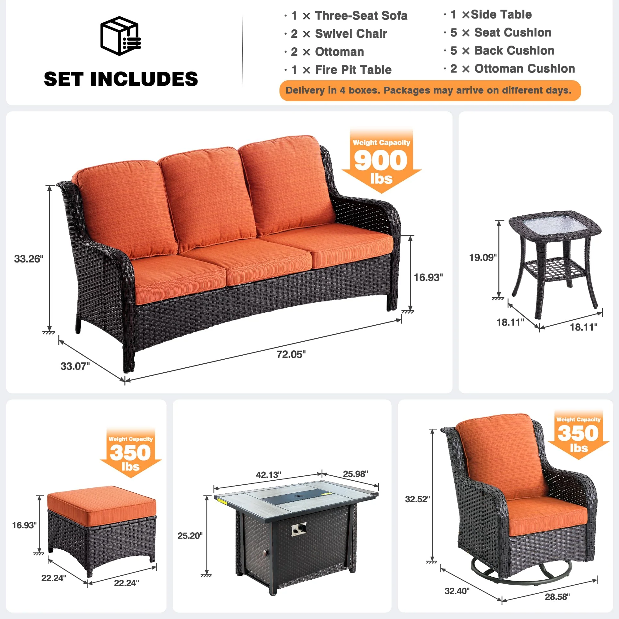 Ovios Outdoor Furniture 7-Piece with 42'' Fire Pit Table and Kenard 2 Rocking Chairs