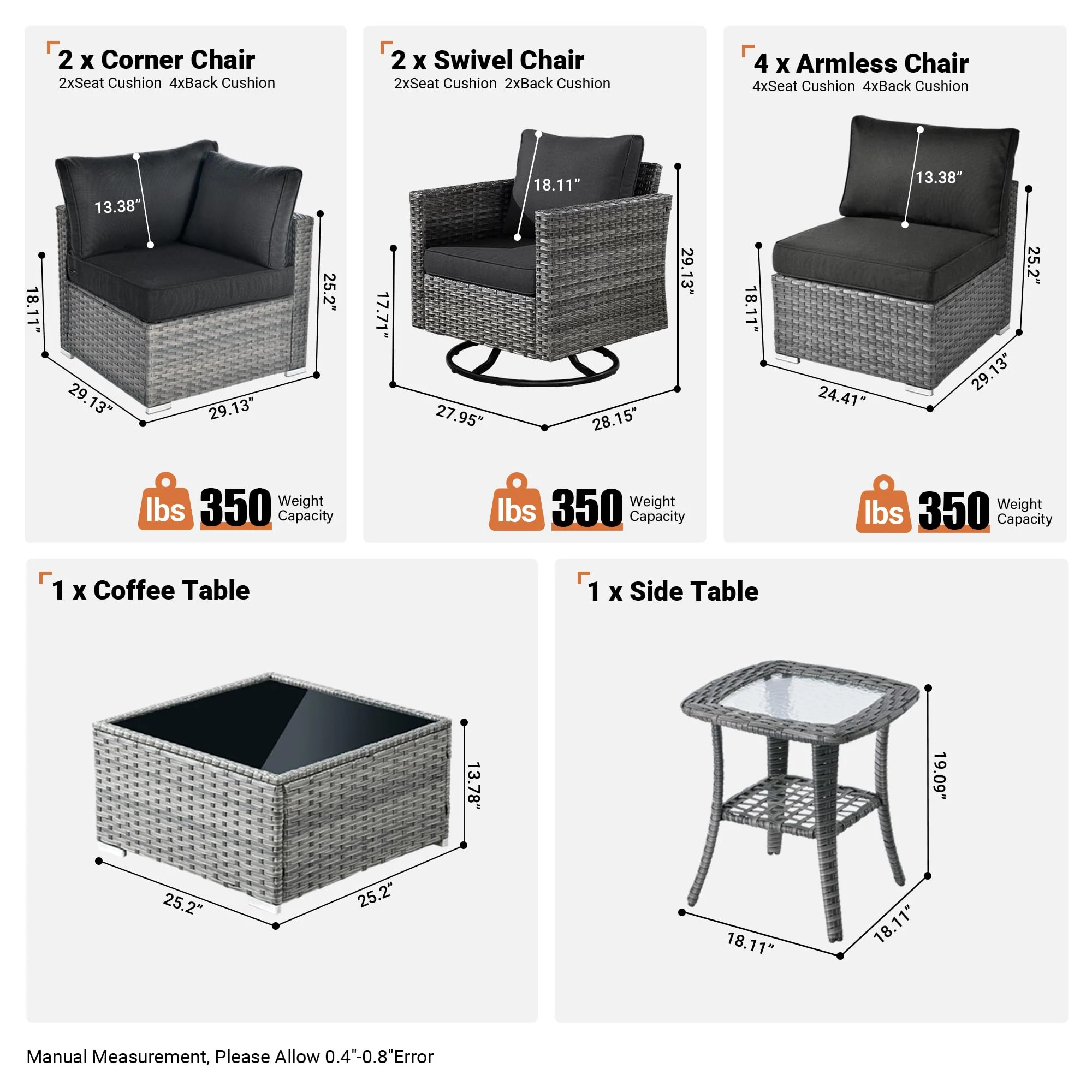 Ovios Outdoor 9 Piece Coversation Set with Swivel Rocking Chair,Sectional Patio Furniture Set with All-Weather Wicker Sofa