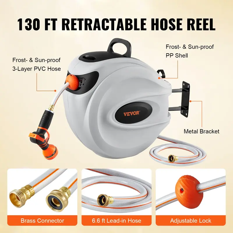 Retractable Hose Reel, Max 130 FT Garden Water Hose Reel with 9-Pattern Nozzle, 180° Swivel Bracket Wall-Mounted, Automatic Rewind, Lock at Any Length, with Slow Return System FathersDayGift