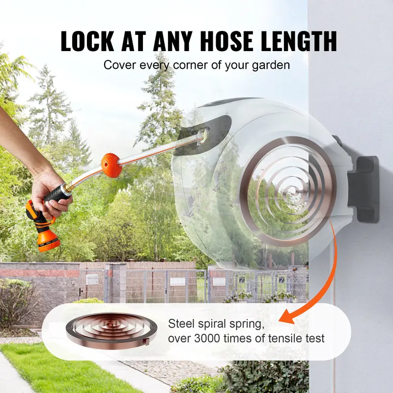 Retractable Hose Reel, Max 130 FT Garden Water Hose Reel with 9-Pattern Nozzle, 180° Swivel Bracket Wall-Mounted, Automatic Rewind, Lock at Any Length, with Slow Return System FathersDayGift
