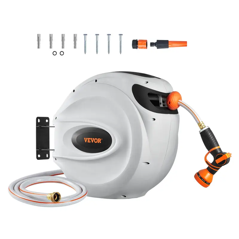 Retractable Hose Reel, Max 130 FT Garden Water Hose Reel with 9-Pattern Nozzle, 180° Swivel Bracket Wall-Mounted, Automatic Rewind, Lock at Any Length, with Slow Return System FathersDayGift