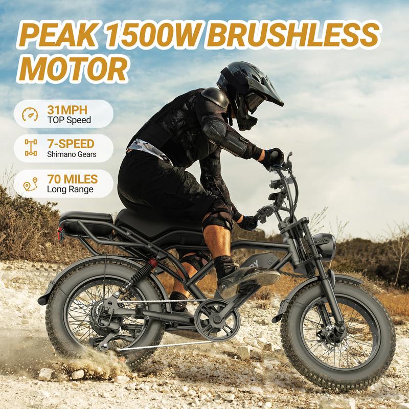 Qlaway, Aovowheel Peak 1500W Electric Off-Road Bike 20-Inch Full Suspension E-Motorcycle, 48V 15.6Ah Removable Battery, 31MPH Top Speed, 40-55 Mile Range, 2-Seater, LED Headlights, 20-Inch All-Terrain Fat Tires, UL 2849 Certified