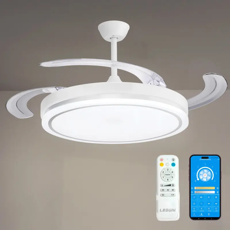 Ventilador De Techo Con Luz Led En Techo Dc Led Atenuable Retractil 4 Aspas Blanco 107 D- Opción Sin Pitido, Temporizador, Control Invierno Verano, 3 Tonos, Modo Brisa, Bajo Consumo