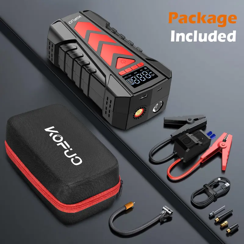 KOPUO-arrancador de bateria 5 en 1, concompresor de aire,4000A,150PSl, arrancador debateria de coche port¡til (Gas 9L/8L diésel), cajade salto de 12V, arrancador de bateria de coche,Cables de puente portátiles con