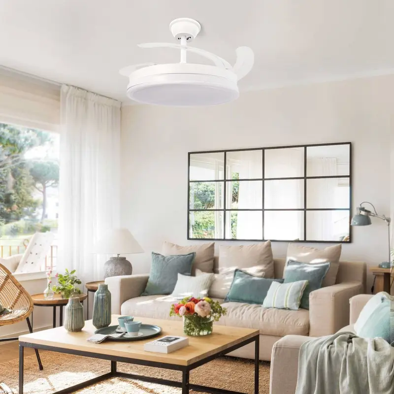 Ventilador De Techo Con Luz Led En Techo Dc Led Atenuable Retractil 4 Aspas Blanco 107 D- Opción Sin Pitido, Temporizador, Control Invierno Verano, 3 Tonos, Modo Brisa, Bajo Consumo
