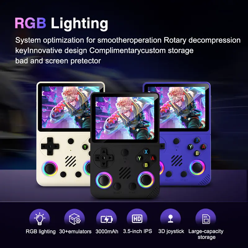 RG36 Pro (luz RGB) consola de videojuegos retro portátil, más de 20000 juegos, sistema Linux, pantalla IPS de 3,5 inch, consola de videojuegos portátil de bolsillo, inalámbrica, recargable para el hogar, dispositivo de carga