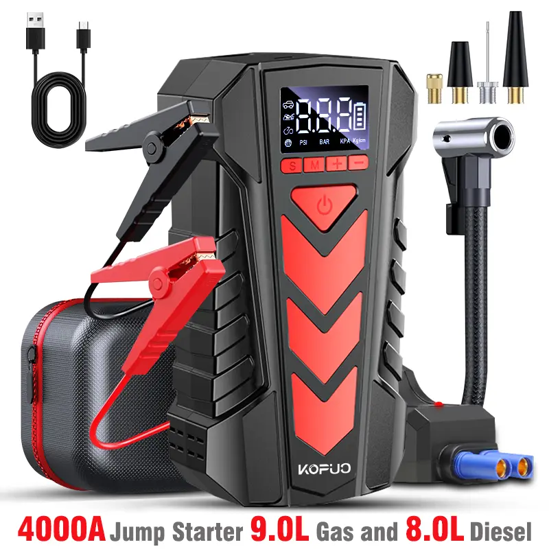 KOPUO-arrancador de bateria 5 en 1, concompresor de aire,4000A,150PSl, arrancador debateria de coche port¡til (Gas 9L/8L diésel), cajade salto de 12V, arrancador de bateria de coche,Cables de puente portátiles con