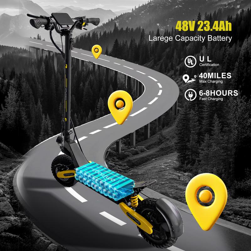 25/40 miles long distance, maximum speed of 28 MPH, 1200W electric scooter foldable, 11-inch off-road tires, turn signal lights, double suspension and double brakes